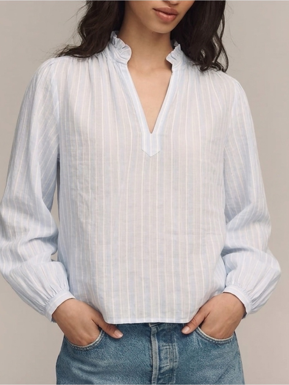 Madewell Ruffled Popover Top Stripe Blue Cotton XS/S Blouse Preppy Chic MSRP $98